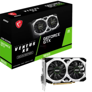 Imagen de la tarjeta gráfica MSI GEFORCE GTX 1650 D6 VENTUS XS OCV3, mostrando su diseño compacto con ventilador dual y capacidad de enfriamiento optimizada. Adecuada para juegos y tareas gráficas