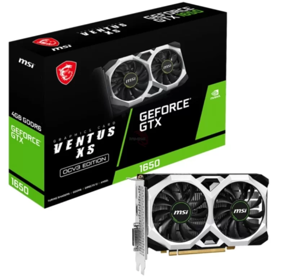 Imagen de la tarjeta gráfica MSI GEFORCE GTX 1650 D6 VENTUS XS OCV3, mostrando su diseño compacto con ventilador dual y capacidad de enfriamiento optimizada. Adecuada para juegos y tareas gráficas